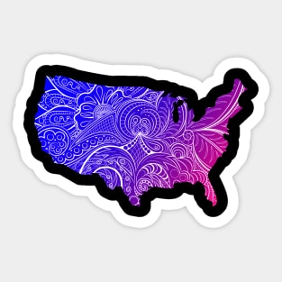 Colorful mandala art map of the United States of America in blue and violet Sticker